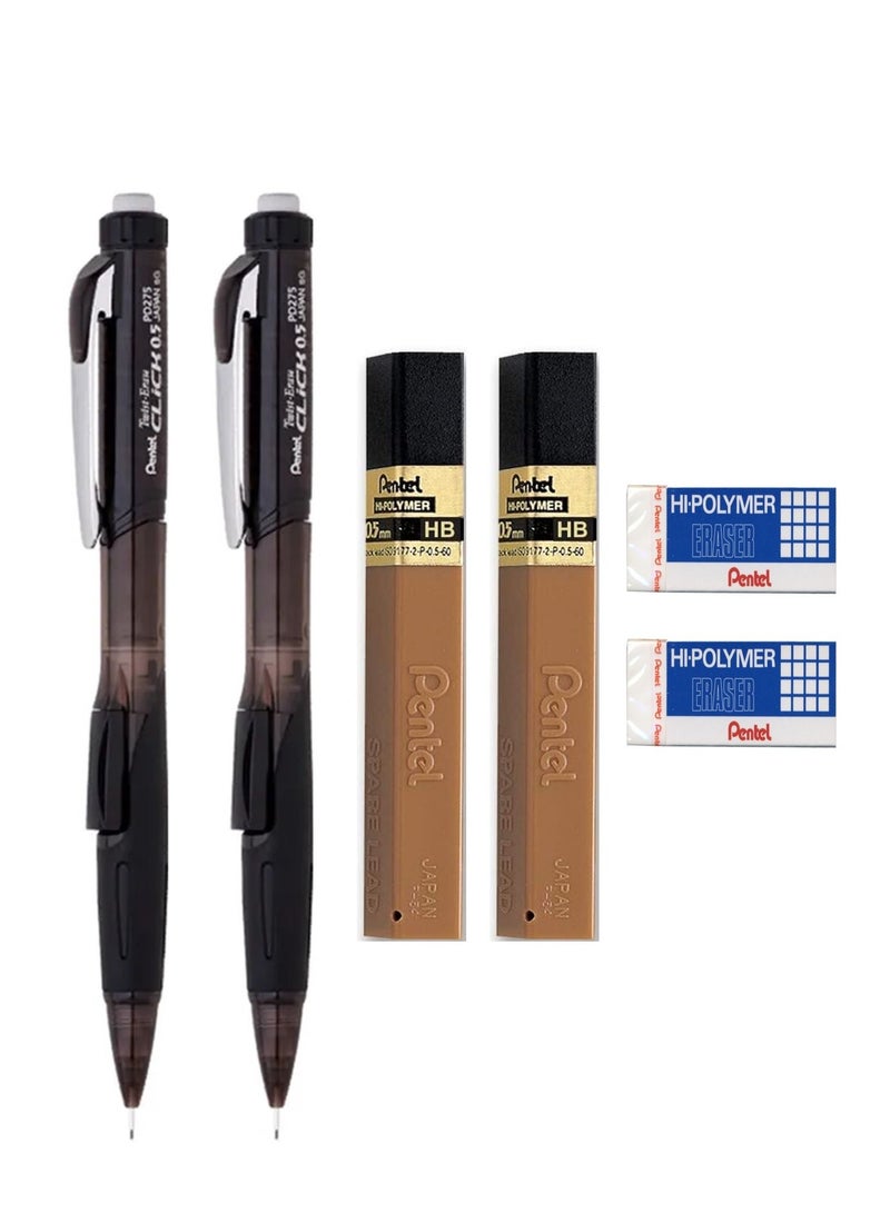 Pentel قلم رصاص ميكانيكي مكون من قطعتين برأس 0.5 مم مع عبوتين من الرصاص والممحاة - Image 1