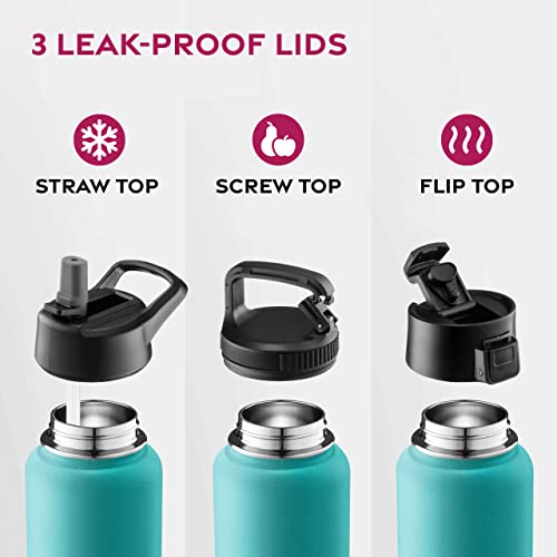 FineDine Water Bottle - Stainless Steel Insulated Water Bottle with Straw Lid, Flip Lid & Wide-Mouth Cap - Keeps Hot and Cold - 25 Oz / 739ml - Cheery Turquoise - Image 4