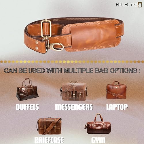 Hell Blues Bag Strap Replacement - Genuine Leather double layered with Brass Swivels ~ Adjustable Shoulder Strap for Messenger, Laptop, Camera, Travel Bags and More (CARAMEL BUFF) - Image 2
