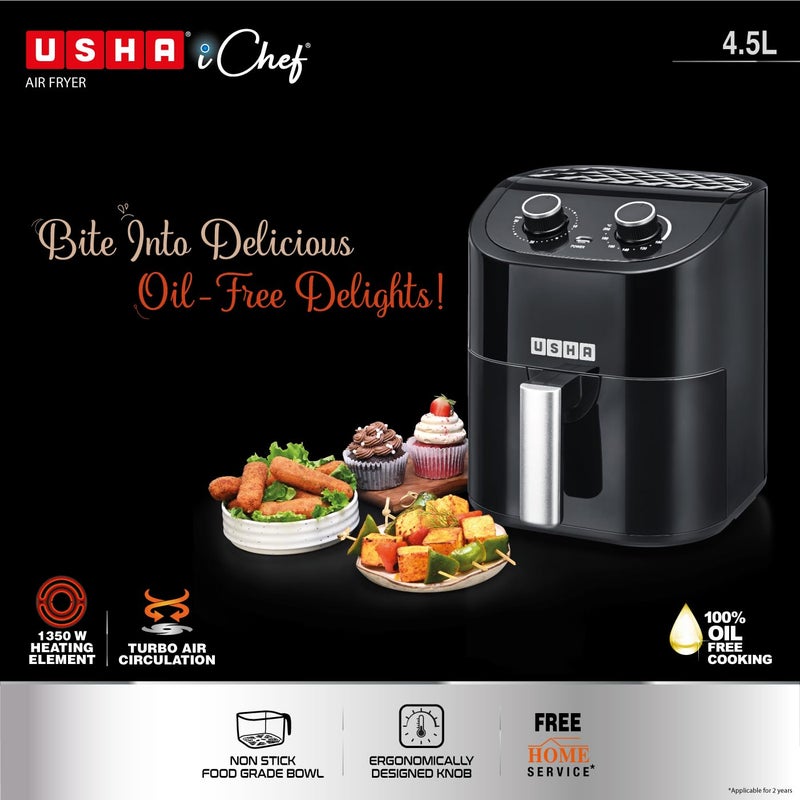 USHA Ichef Air Fryer 45L 10 In 1 Functions Air Frying Baking Roasting Grilling Thawing Slow Toasting And Air Drying Turbo Air CirculationOil Free Cooking Black 1350 Watts - Image 2