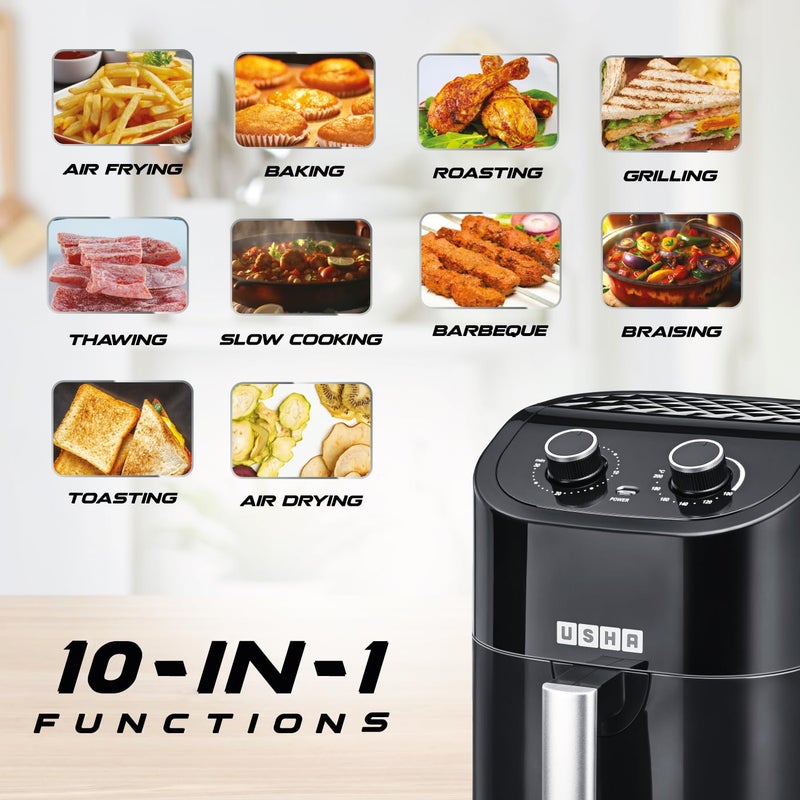 USHA Ichef Air Fryer 45L 10 In 1 Functions Air Frying Baking Roasting Grilling Thawing Slow Toasting And Air Drying Turbo Air CirculationOil Free Cooking Black 1350 Watts - Image 3