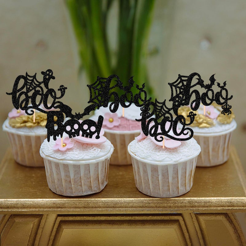RSSTARXI 24 Pack Halloween Boo Cupcake Toppers Glitter Ghost Spider Web Bat Cupcake اختيارات للهالوين موضوع عيد ميلاد الطفل زخارف كعكة الحفل - Image 4