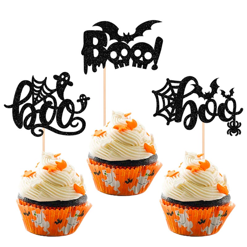 RSSTARXI 24 Pack Halloween Boo Cupcake Toppers Glitter Ghost Spider Web Bat Cupcake اختيارات للهالوين موضوع عيد ميلاد الطفل زخارف كعكة الحفل - Image 1
