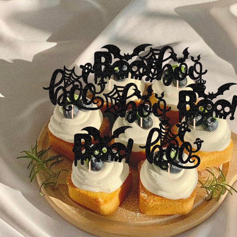 RSSTARXI 24 Pack Halloween Boo Cupcake Toppers Glitter Ghost Spider Web Bat Cupcake اختيارات للهالوين موضوع عيد ميلاد الطفل زخارف كعكة الحفل - Image 3