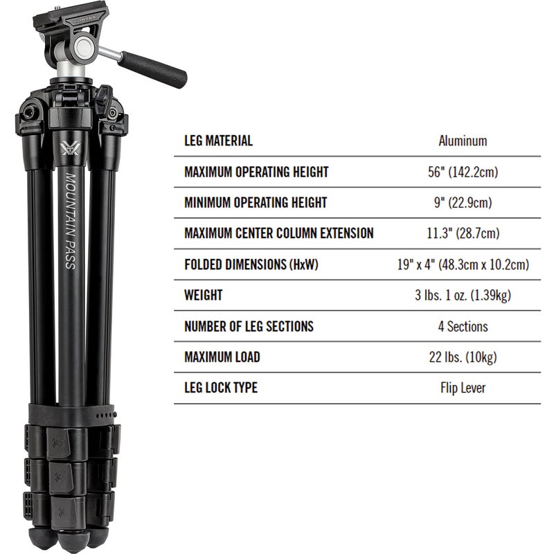 Vortex Optics Mountain Pass Tripod Kit - 2-Way Pan Head, 22 lb Max Load, Arca-Swiss Head Mount - Unlimited, Unconditional Warranty - Image 4