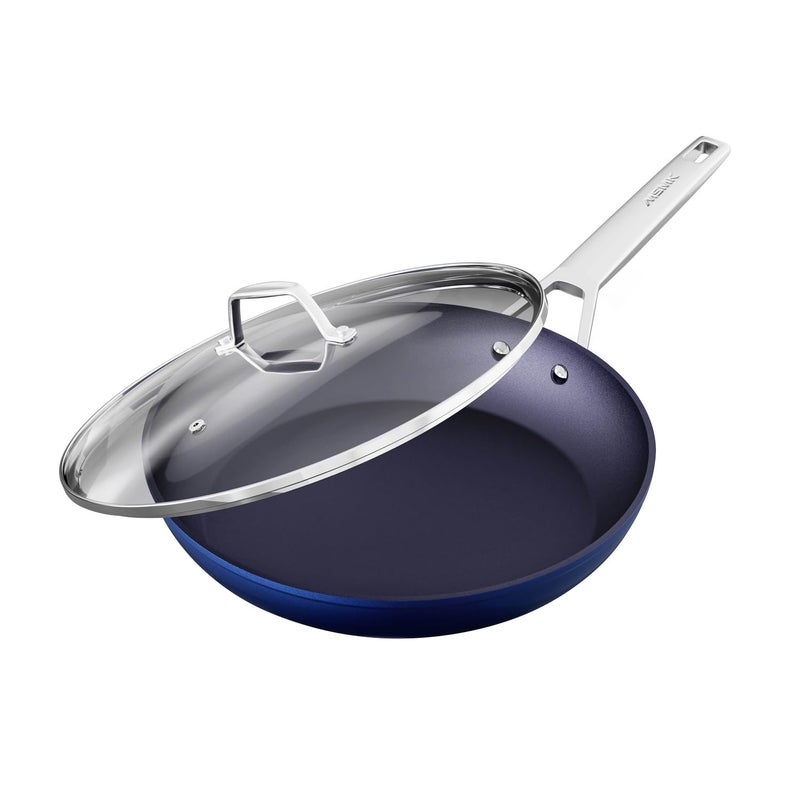 MsMk Non stick frying pan set with lid Blue 12inch Durable skillet Titanium and Diamond Non Stick NonToxic Coating From USA Even Heating Easy CleanUp Comfort Handle Induction Compatibility