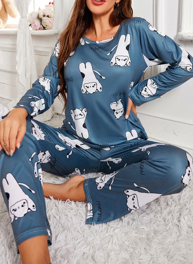 Take Two Take Two Blue Cat Print Long Sleeve T-Shirt and Pyjama Set