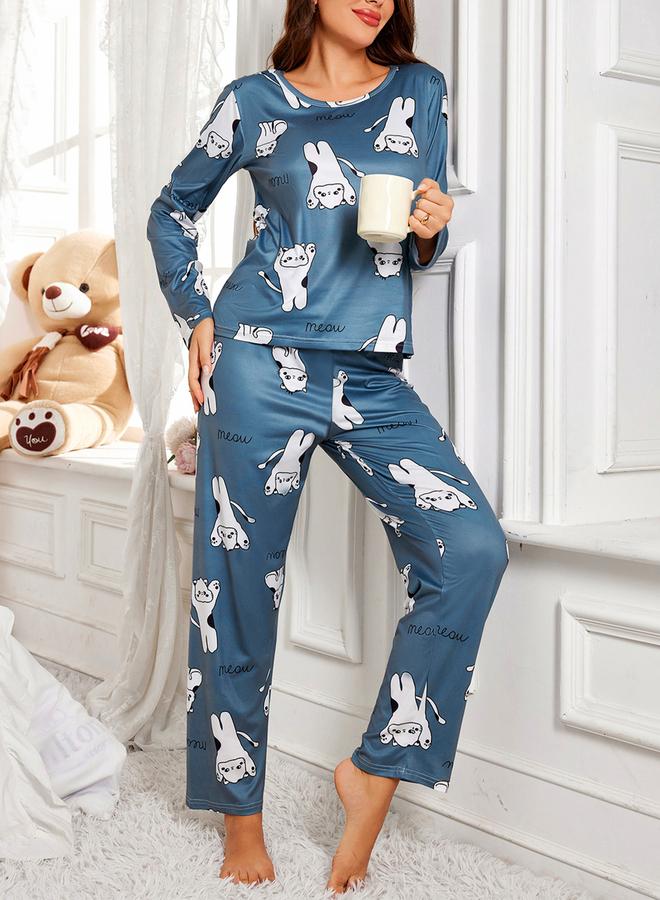 Take Two Blue Cat Print Long Sleeve T-Shirt and Pyjama Set - Image 3