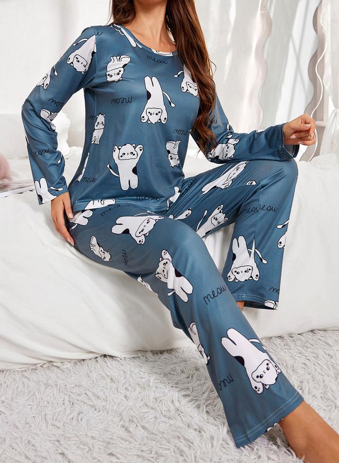 Take Two Blue Cat Print Long Sleeve T-Shirt and Pyjama Set - Image 5