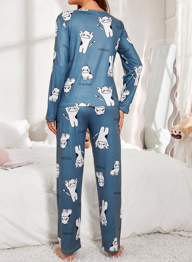 Take Two Blue Cat Print Long Sleeve T-Shirt and Pyjama Set - Image 2