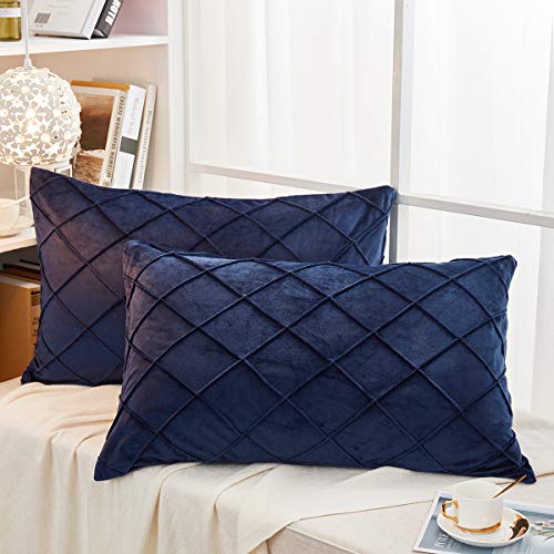 JAUXIO Diamond Pinch Pleated Crystal Velvet Pillowcases 2 Pack Solid Pintuck Throw Cushion Cover for Home Decor Hidden Zipper Closure Navy Standard