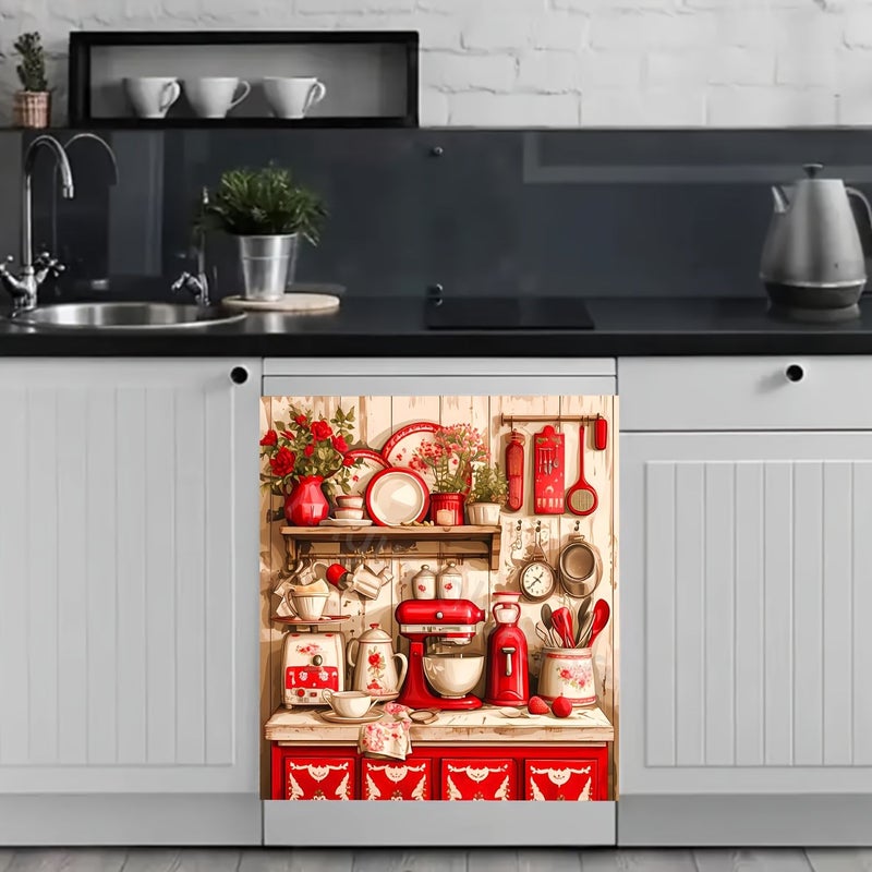 Vintage Red Refrigerator And Dishwasher Cover 17x23inch Heat Resistant Fridge Door Magnet Easy Clean Panel Decal No Power Needed Kitchen Shelf Appliance Cover - Image 2