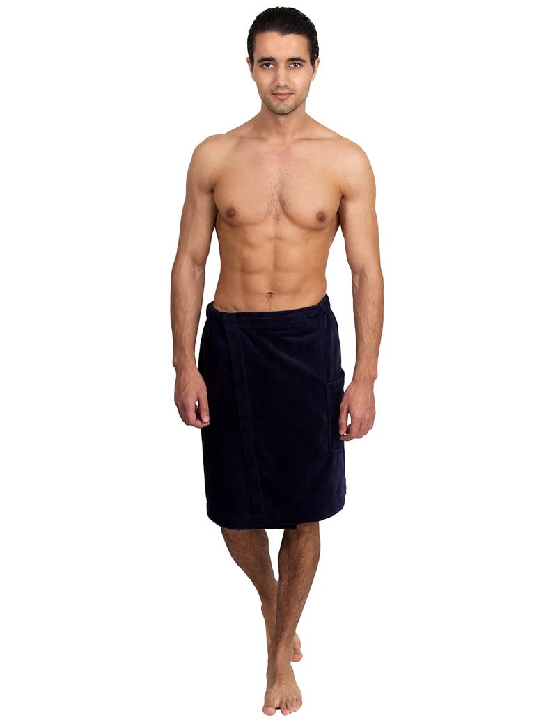 TowelSelections mens Cotton Shower Wrap Adjustable Terry Velour Spa Bath Towel Wrap Sauna Gym Towels for Men Medium-Large Navy - Image 1