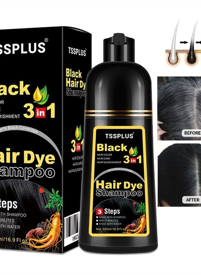 TSSPLUS 500ml Black Hair Shampoo Organic Natural Hair Dye Plant Essence Black Hair Color Dye Shampoo for Women Men Cover Gray White Hair, Instant Hair Colouring, 3 in 1 Hair Black Shampoo,herbal hair - Image 1