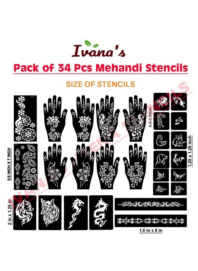إيفاناز مجموعة إيفانا المكونة من 34 قطعة من قوالب الحناء القابلة لإعادة الاستخدام لليدين والمعصم والجسم والظهر والرقبة والوجه، مجموعة قوالب للنساء والفتيات والأطفال، سهلة الاستخدام في 4 خطوات فقط، مجموعة التصميم الهندي، A2068 - Image 4