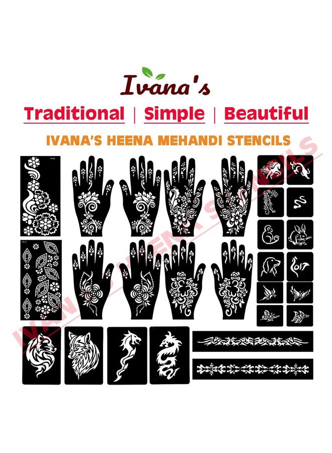 إيفاناز مجموعة إيفانا المكونة من 34 قطعة من قوالب الحناء القابلة لإعادة الاستخدام لليدين والمعصم والجسم والظهر والرقبة والوجه، مجموعة قوالب للنساء والفتيات والأطفال، سهلة الاستخدام في 4 خطوات فقط، مجموعة التصميم الهندي، A2068 - Image 5