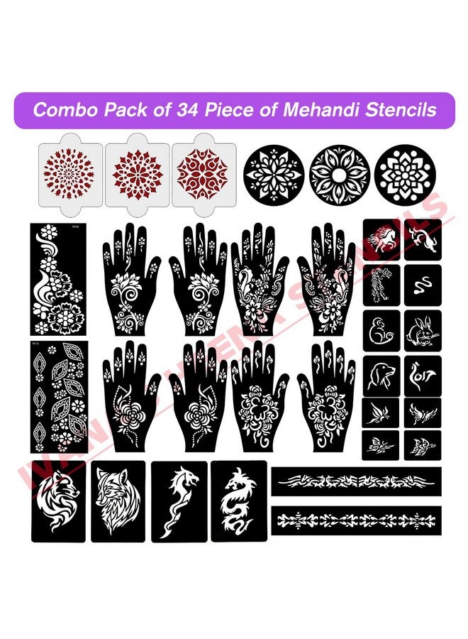 إيفاناز مجموعة إيفانا المكونة من 34 قطعة من قوالب الحناء القابلة لإعادة الاستخدام لليدين والمعصم والجسم والظهر والرقبة والوجه، مجموعة قوالب للنساء والفتيات والأطفال، سهلة الاستخدام في 4 خطوات فقط، مجموعة التصميم الهندي، A2068 - Image 2