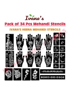 ivana's Ivana's Set of 34 Pcs Reusable Mehandi Stencils for Hands, Wrist, Body, Back, Neck, Face Combo Pack Stencils for Women, Girls And Kids, Easy To Use In Just 4 Steps Indian Design Collection, A2068  - Image 3