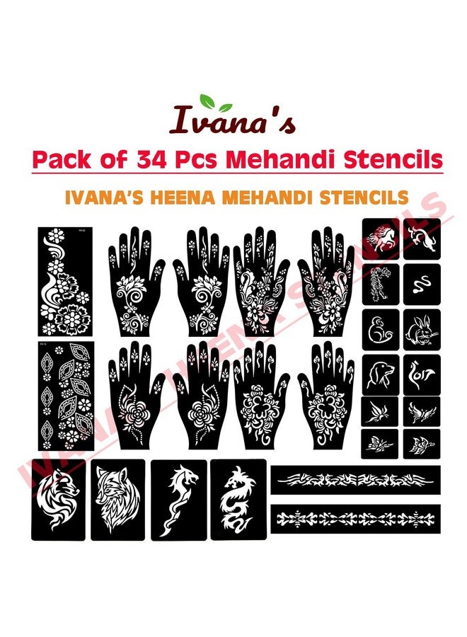 إيفاناز مجموعة إيفانا المكونة من 34 قطعة من قوالب الحناء القابلة لإعادة الاستخدام لليدين والمعصم والجسم والظهر والرقبة والوجه، مجموعة قوالب للنساء والفتيات والأطفال، سهلة الاستخدام في 4 خطوات فقط، مجموعة التصميم الهندي، A2068 - Image 3