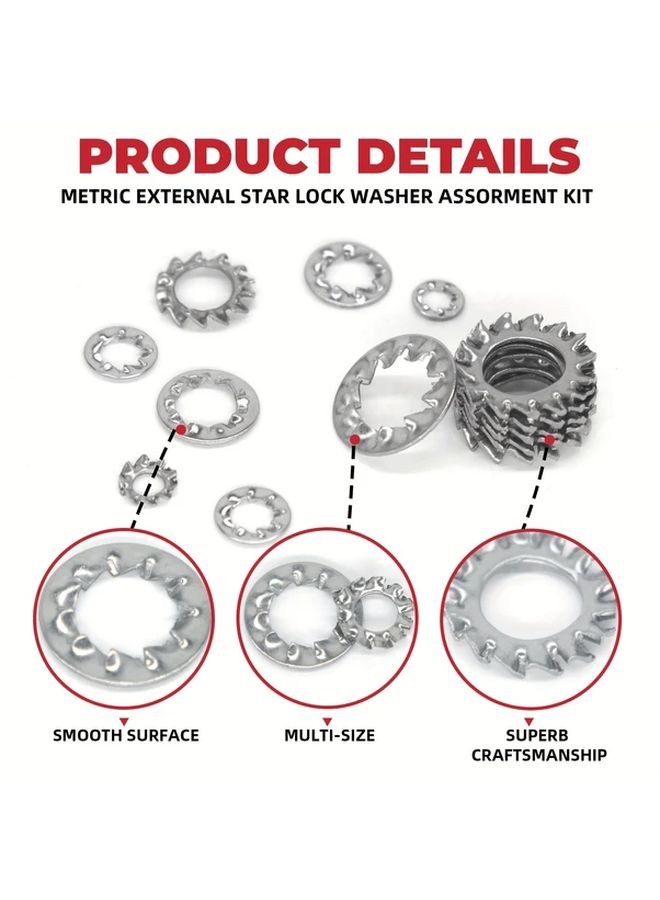 500pcs 304 Stainless Steel External Internal Tooth Star Lock Washers Assortment Kit 5 Sizes M3 M4 M5 M6 M8 - Image 3