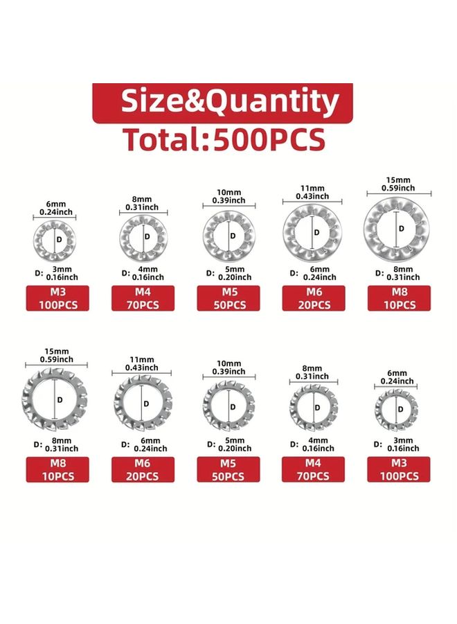 500pcs 304 Stainless Steel External Internal Tooth Star Lock Washers Assortment Kit 5 Sizes M3 M4 M5 M6 M8 - Image 2