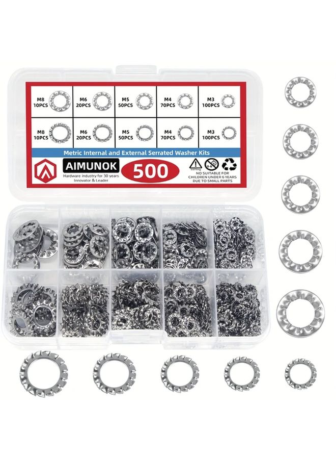 500pcs 304 Stainless Steel External Internal Tooth Star Lock Washers Assortment Kit 5 Sizes M3 M4 M5 M6 M8 - Image 1
