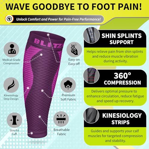 BLITZU Calf Compression Sleeve for Women and Men, Shin Splint Sleeves for Varicose Veins, Nursing, Pregnancy, Running, Footless Compression Socks Support for Calf Muscle Pain Relief Purple L-XL - Image 5