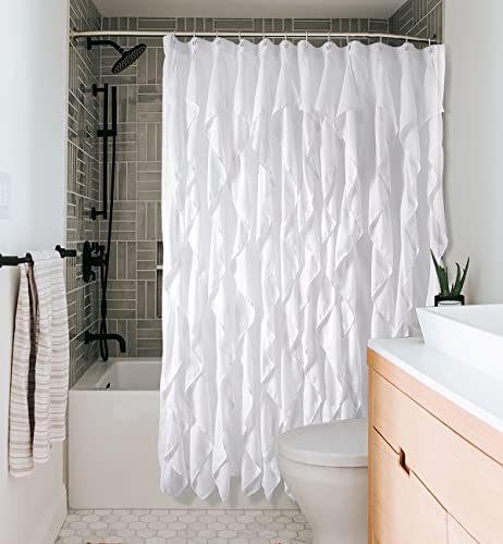 Volens White Ruffle Shower Curtain Farmhouse Fabric Cloth Curtains for Bathroom, 72x72 in Long - Image 1