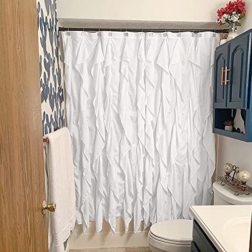 Volens White Ruffle Shower Curtain Farmhouse Fabric Cloth Curtains for Bathroom, 72x72 in Long - Image 4