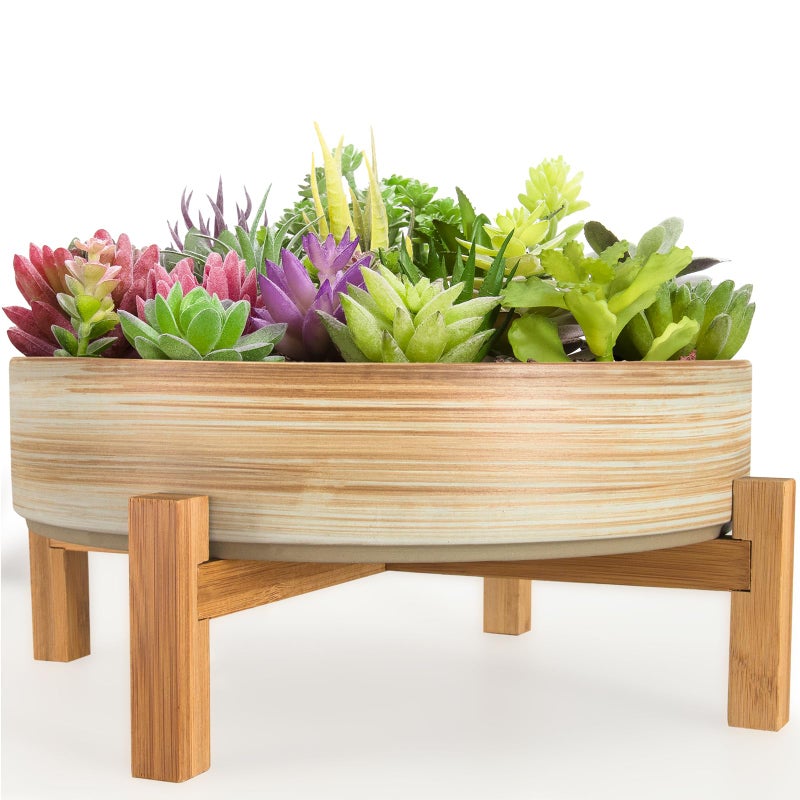 ARTKETTY Succulent Pots - 11 Inch Large Plant Pots Ceramic Bonsai Pots with Drainage Stand, Shallow Succulent Planters for Indoor Plants Decorative Flower Cactus Planter Bowl - Image 1