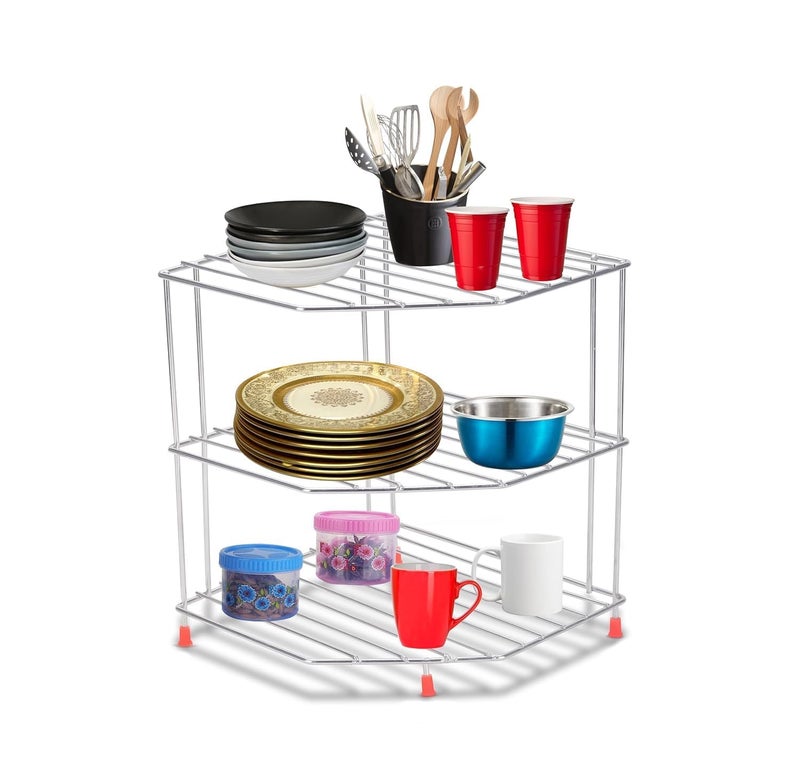 Cri8Hub 3-Tier Stainless Steel Corner Shelf, Kitchen Storage Rack, Space Organizer Stand - Image 3