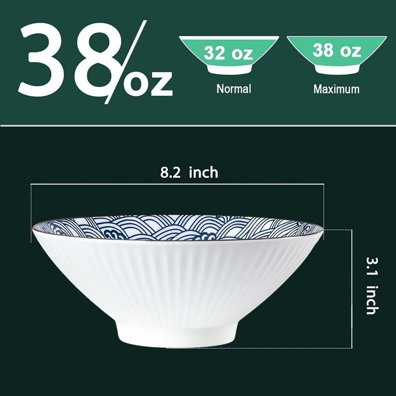 QINLANG 38 oz Japanese Ramen Soup Pho  Noodle Bowls  8 in Blue and White Ceramic Set of 4 Wave Pattern - Image 2