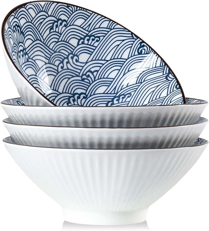 QINLANG 38 oz Japanese Ramen Soup Pho  Noodle Bowls  8 in Blue and White Ceramic Set of 4 Wave Pattern - Image 1