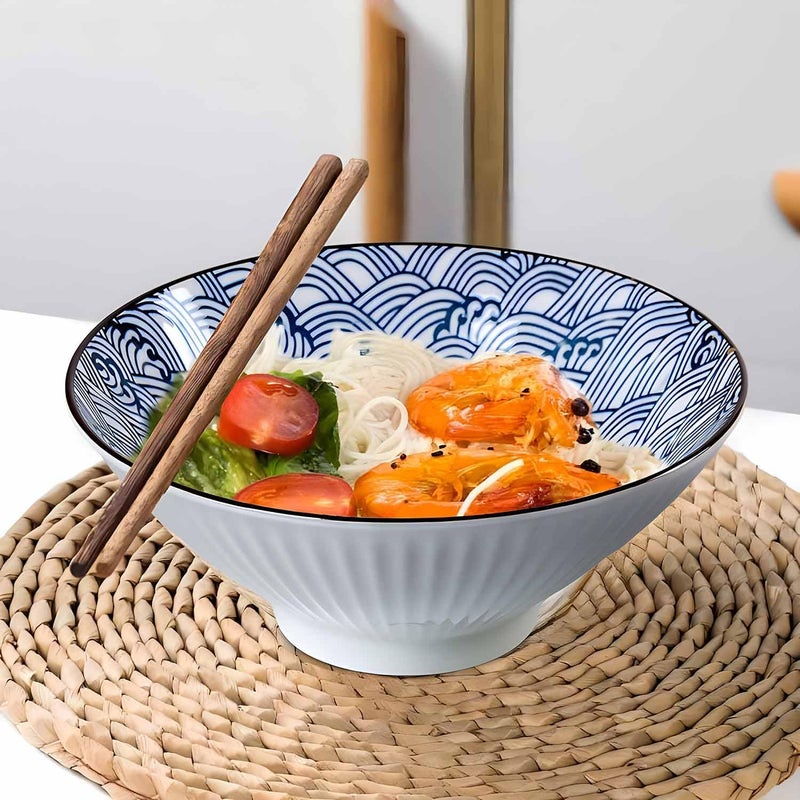 QINLANG 38 oz Japanese Ramen Soup Pho  Noodle Bowls  8 in Blue and White Ceramic Set of 4 Wave Pattern - Image 3