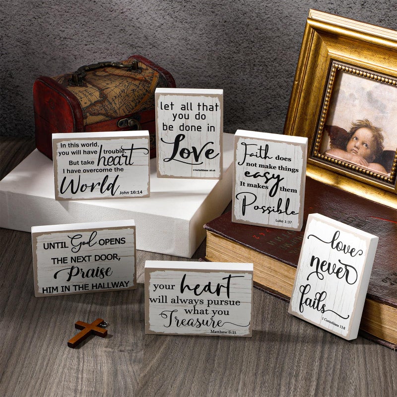 Maitys 6 Pcs Bible Verse Mini Wood Signs Wooden Religious Sign Mini Bibles Inspirational Rustic Decorative Sign Scripture Distressed White Christian Home Decor(Fresh Style) - Image 4