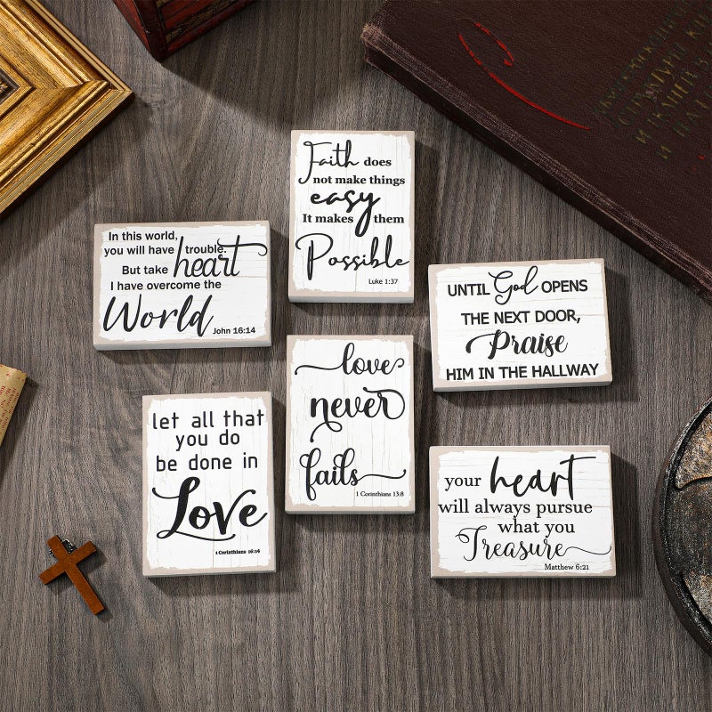 Maitys 6 Pcs Bible Verse Mini Wood Signs Wooden Religious Sign Mini Bibles Inspirational Rustic Decorative Sign Scripture Distressed White Christian Home Decor(Fresh Style) - Image 5
