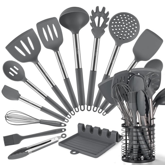 446F HEAT RESISTANT SILICONE KITCHEN UTENSILS COOKING UTENSIL SET SPATULA SET BPA FREE KITCHEN GADGETS WITH STAINLESS STEEL UTENSILS HOLDER DISHWASHER SAFE 14PCS GREY
