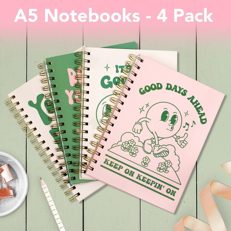 THiNKABLE Pink Green Aesthetic Hardcover Notebooks for Work, A5 size 5.8 x 8.3 inch, Cute Notebooks for School 4 Pack, Retro Notebooks College Ruled, Cute Spiral Journal for Women, Kids Back to School Notebook - Image 4