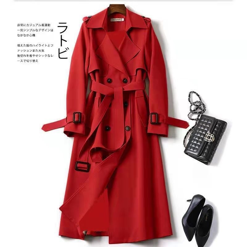 DD Windbreaker Womens Mid-length 2025 Spring and Autumn New Korean Style plus size Small Popular British Style Coat Over the Knee Chinese red color lining 