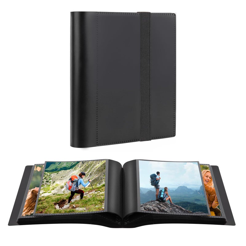 Aevdor 5x7 Photo Album Holds 64 Photos Black Inner Pages with Strong Elastic Band, Small Photo Album 5x7, Mini Picture Book for 5 x 7 Artwork, Pictures, Kids Art Storage, Postcards, Drawings (Black) - Image 1