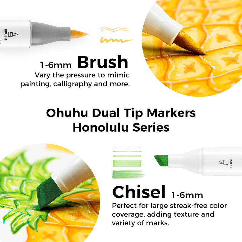 Ohuhu Alcohol Markers Brush Tip - Double Tipped Alcohol Based for Beginners Artist Sketching Adult Coloring Illustration - Brush Chisel Dual Tips - 24 Basic Colors of Ohuhu Markers Honolulu - Image 2