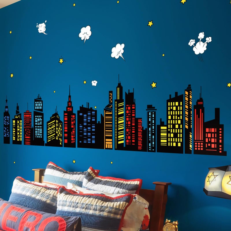 decalmile Colorful City Skyline Wall Decals Hero City Building Stars Wall Stickers Bedroom Playroom Toddler Room Wall Decor - Image 1