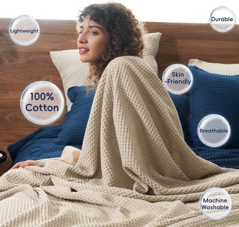 PHF 100% Pre-Washed Cotton Waffle Weave Throw Blanket (127 cm x 152 cm) - Washed Warm Soft Lightweight Breathable Throw for Adults and Kids-Perfect Blanket Layer for Couch Bed Sofa-Elegant Home Decoration- Khaki/Simply Taupe - Image 3