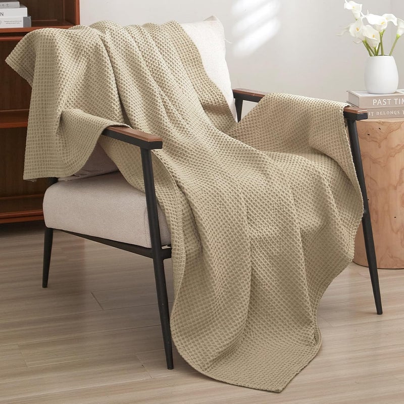 PHF 100% Pre-Washed Cotton Waffle Weave Throw Blanket (127 cm x 152 cm) - Washed Warm Soft Lightweight Breathable Throw for Adults and Kids-Perfect Blanket Layer for Couch Bed Sofa-Elegant Home Decoration- Khaki/Simply Taupe - Image 1