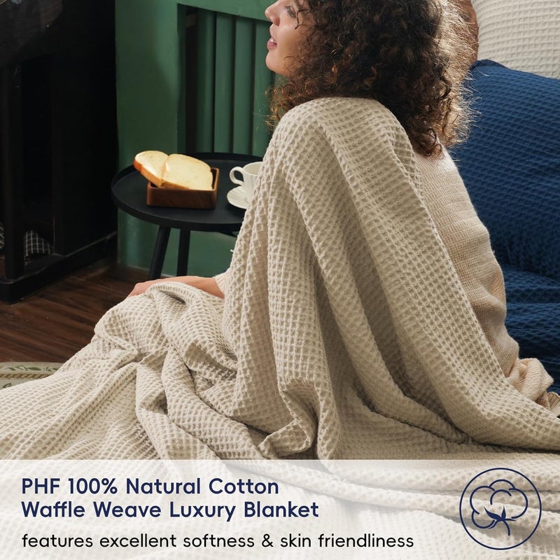 PHF 100% Pre-Washed Cotton Waffle Weave Throw Blanket (127 cm x 152 cm) - Washed Warm Soft Lightweight Breathable Throw for Adults and Kids-Perfect Blanket Layer for Couch Bed Sofa-Elegant Home Decoration- Khaki/Simply Taupe - Image 2