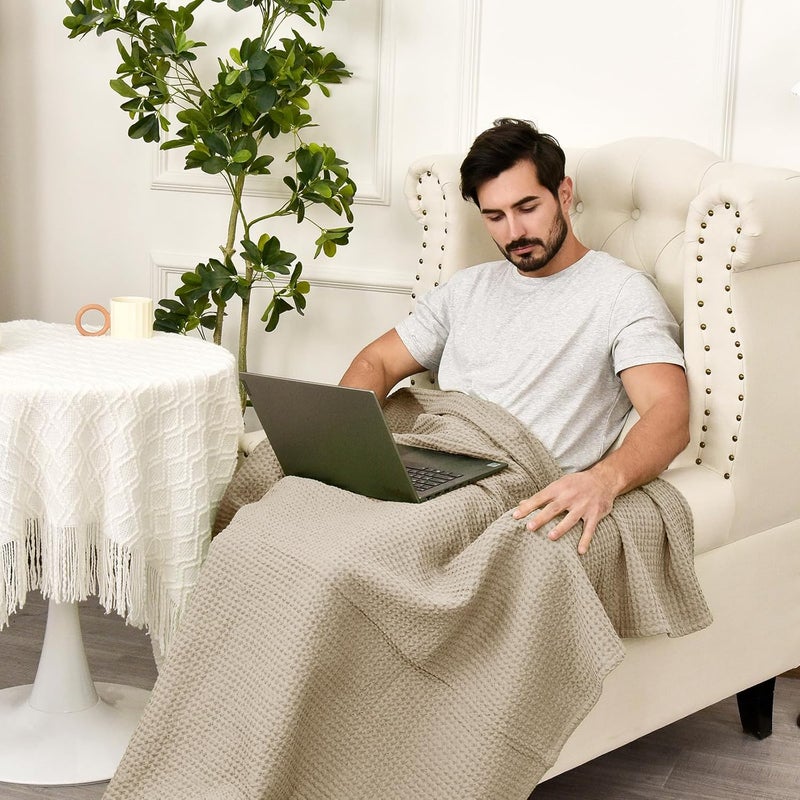 PHF 100% Pre-Washed Cotton Waffle Weave Throw Blanket (127 cm x 152 cm) - Washed Warm Soft Lightweight Breathable Throw for Adults and Kids-Perfect Blanket Layer for Couch Bed Sofa-Elegant Home Decoration- Khaki/Simply Taupe - Image 5