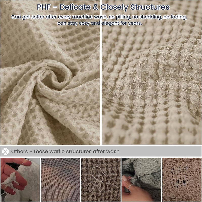 PHF 100% Pre-Washed Cotton Waffle Weave Throw Blanket (127 cm x 152 cm) - Washed Warm Soft Lightweight Breathable Throw for Adults and Kids-Perfect Blanket Layer for Couch Bed Sofa-Elegant Home Decoration- Khaki/Simply Taupe - Image 4