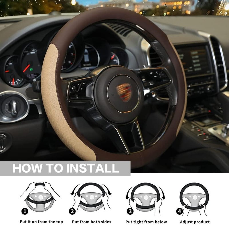 VARGTR Steering Wheel Cover, Microfiber Leather Splicing with Classic Embossing,Contrasting Colors Anti-Slip Breathable Auto Car Steering Wheel Cover Fit 15 Inch Car Wheel Protector (Coffee&Beige) - Image 4