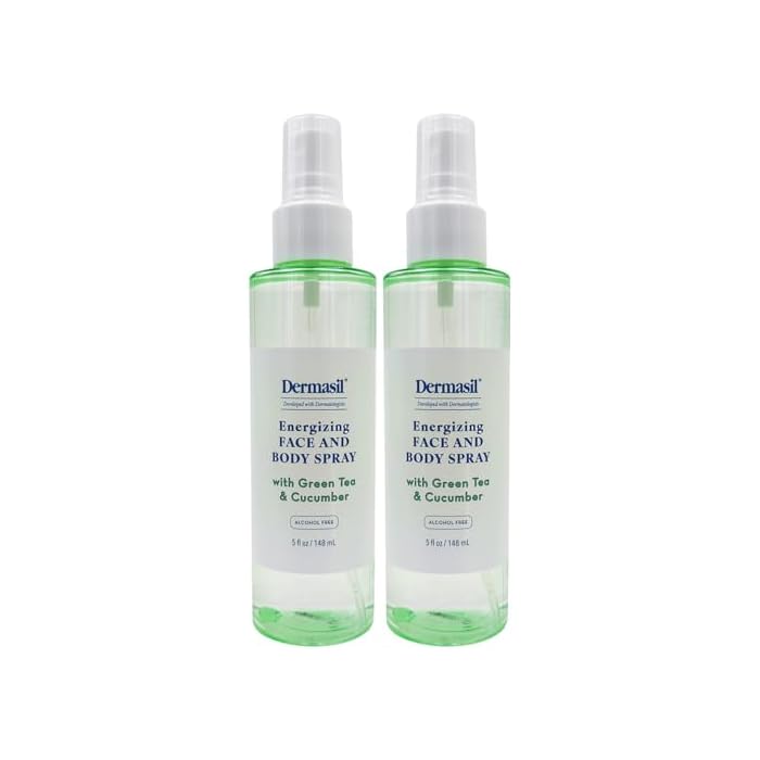 Dermasil Energizing Face & Body Spray 2-Pack – Hydrating Mist with Green Tea & Cucumber, Alcohol-Free, Beach Essentials, 5 Oz Ea