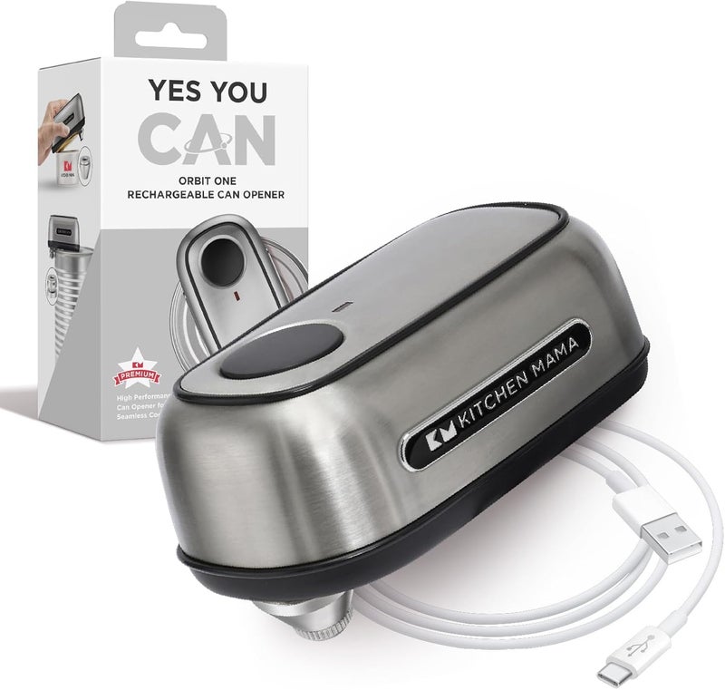 Kitchen Mama Orbit One Stainless Steel Rechargeable Electric Can Opener: Hands-free, USB-C Charging, Automatic Stop, Smooth Edge, Safety, Blade for Large Cans, Heavy Duty, Soda Can and Pop Can - Image 1